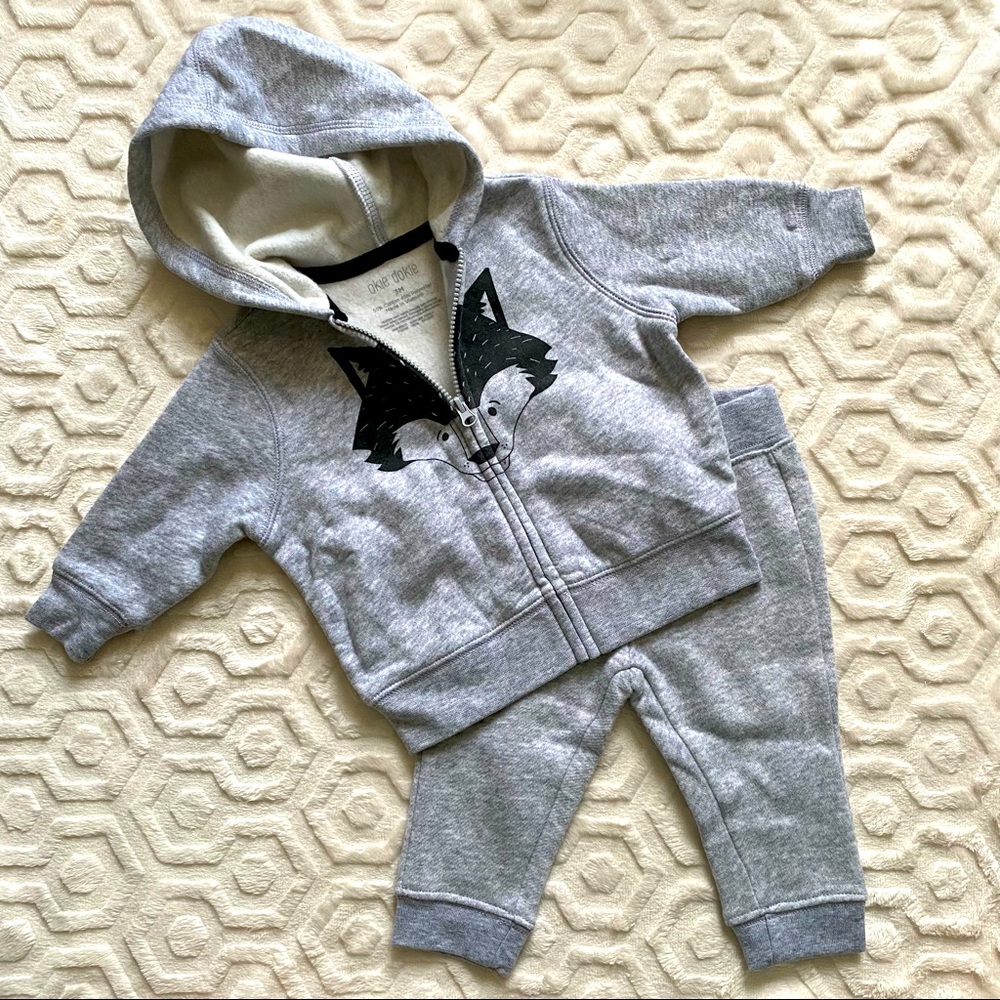 NWOT, 2 piece fleece outfit, 3M, wolf/husky.